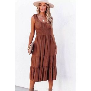 LAST ONE! Plus Size EMILIA High Waist Brown Midi Dress With Ruching